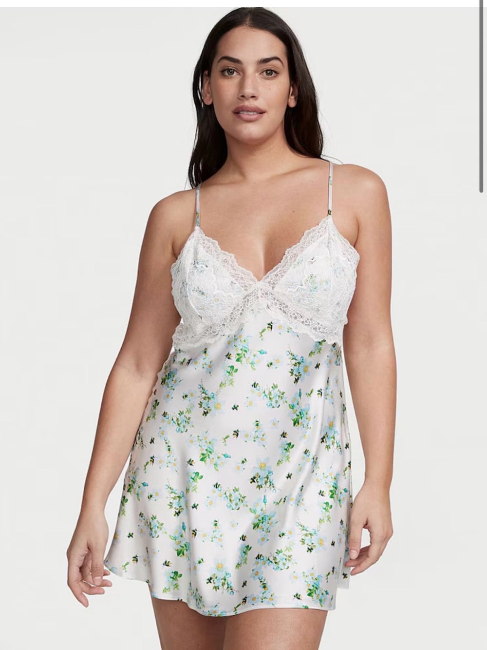 Victoria Secret Honey Bee Floral White Lace Plunge Open Back Slip Dress Sz Med
